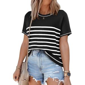 imageSHEWIN Womens Tops Trendy Casual Short Sleeve Shirts Crewneck Lightweight Knit Sweater TopBlack and White Stripe