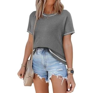 imageSHEWIN Womens Tops Trendy Casual Short Sleeve Shirts Crewneck Lightweight Knit Sweater TopE Grey