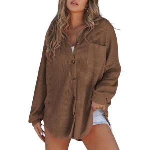 imageSHEWIN Womens Waffle Knit Button Down Shirts Casual Long Sleeve Shacket Jacket Boyfriend Tops Blouses Loose FitA Coffee
