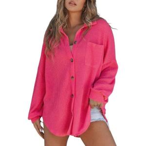 imageSHEWIN Womens Waffle Knit Button Down Shirts Casual Long Sleeve Shacket Jacket Boyfriend Tops Blouses Loose FitA Hot Pink