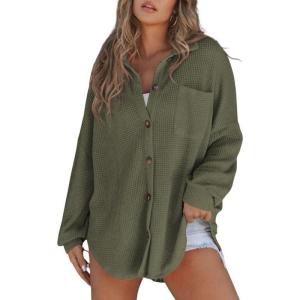 imageSHEWIN Womens Waffle Knit Button Down Shirts Casual Long Sleeve Shacket Jacket Boyfriend Tops Blouses Loose FitA Military Green