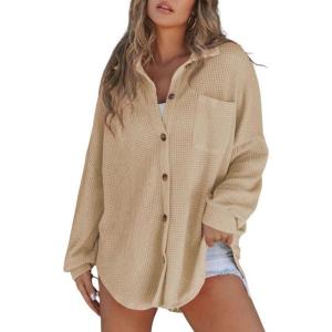 imageSHEWIN Womens Waffle Knit Button Down Shirts Casual Long Sleeve Shacket Jacket Boyfriend Tops Blouses Loose FitB Apricot