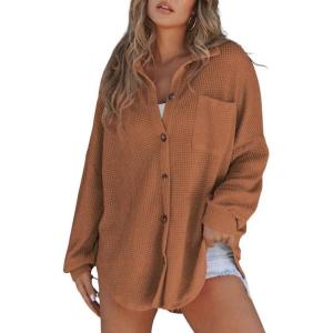 imageSHEWIN Womens Waffle Knit Button Down Shirts Casual Long Sleeve Shacket Jacket Boyfriend Tops Blouses Loose FitB Brown