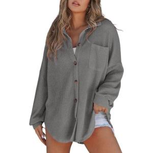 imageSHEWIN Womens Waffle Knit Button Down Shirts Casual Long Sleeve Shacket Jacket Boyfriend Tops Blouses Loose FitB Gray