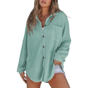 imageSHEWIN Womens Waffle Knit Button Down Shirts Casual Long Sleeve Shacket Jacket Boyfriend Tops Blouses Loose FitB Green