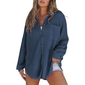 imageSHEWIN Womens Waffle Knit Button Down Shirts Casual Long Sleeve Shacket Jacket Boyfriend Tops Blouses Loose FitB Navy Blue