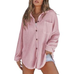 imageSHEWIN Womens Waffle Knit Button Down Shirts Casual Long Sleeve Shacket Jacket Boyfriend Tops Blouses Loose FitB Pink