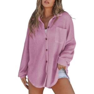 imageSHEWIN Womens Waffle Knit Button Down Shirts Casual Long Sleeve Shacket Jacket Boyfriend Tops Blouses Loose FitB Purple