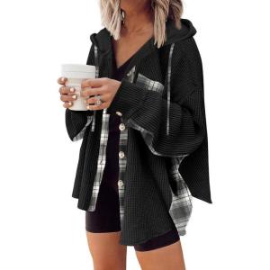 imageSHEWIN Womens Waffle Knit Plaid Shacket Boyfriend Button Down Shirt Hooded Jacket Loose Long Sleeve TopsB Black