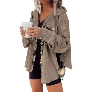 imageSHEWIN Womens Waffle Knit Plaid Shacket Boyfriend Button Down Shirt Hooded Jacket Loose Long Sleeve TopsB Brown