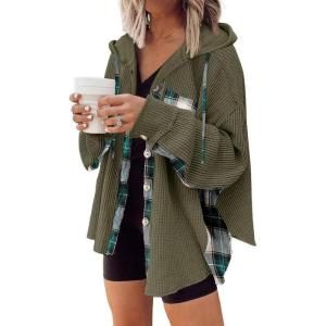 imageSHEWIN Womens Waffle Knit Plaid Shacket Boyfriend Button Down Shirt Hooded Jacket Loose Long Sleeve TopsB Green