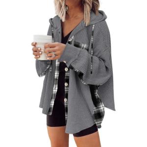 imageSHEWIN Womens Waffle Knit Plaid Shacket Boyfriend Button Down Shirt Hooded Jacket Loose Long Sleeve TopsB Grey