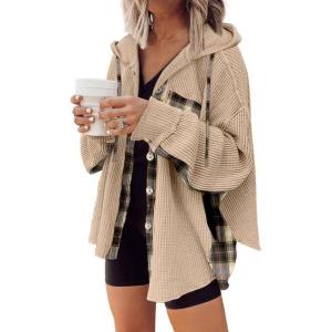 imageSHEWIN Womens Waffle Knit Plaid Shacket Boyfriend Button Down Shirt Hooded Jacket Loose Long Sleeve TopsB Khaki