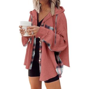 imageSHEWIN Womens Waffle Knit Plaid Shacket Boyfriend Button Down Shirt Hooded Jacket Loose Long Sleeve TopsB Red