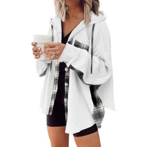 imageSHEWIN Womens Waffle Knit Plaid Shacket Boyfriend Button Down Shirt Hooded Jacket Loose Long Sleeve TopsB White