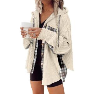 imageSHEWIN Womens Waffle Knit Plaid Shacket Boyfriend Button Down Shirt Hooded Jacket Loose Long Sleeve TopsC Apricot