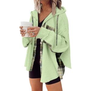 imageSHEWIN Womens Waffle Knit Plaid Shacket Boyfriend Button Down Shirt Hooded Jacket Loose Long Sleeve TopsC Deep Green