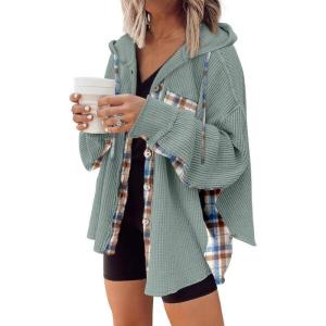 imageSHEWIN Womens Waffle Knit Plaid Shacket Boyfriend Button Down Shirt Hooded Jacket Loose Long Sleeve TopsC Light Blue