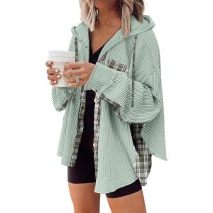 imageSHEWIN Womens Waffle Knit Plaid Shacket Boyfriend Button Down Shirt Hooded Jacket Loose Long Sleeve TopsC Light Green