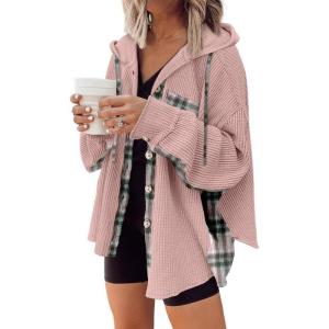 imageSHEWIN Womens Waffle Knit Plaid Shacket Boyfriend Button Down Shirt Hooded Jacket Loose Long Sleeve TopsC Pink