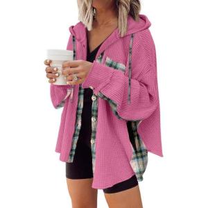 imageSHEWIN Womens Waffle Knit Plaid Shacket Boyfriend Button Down Shirt Hooded Jacket Loose Long Sleeve TopsC Rose