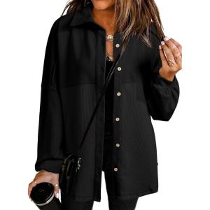 imageSHEWIN Womens Waffle Knit Shacket Fall Fashion Button Down Shirt Jacket Loose Fit Long Sleeve TopsBlack