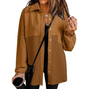 imageSHEWIN Womens Waffle Knit Shacket Fall Fashion Button Down Shirt Jacket Loose Fit Long Sleeve TopsCoffee