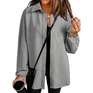 imageSHEWIN Womens Waffle Knit Shacket Fall Fashion Button Down Shirt Jacket Loose Fit Long Sleeve TopsMedium Grey