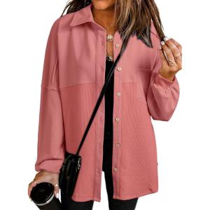 imageSHEWIN Womens Waffle Knit Shacket Fall Fashion Button Down Shirt Jacket Loose Fit Long Sleeve TopsMineral Red