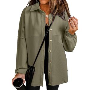 imageSHEWIN Womens Waffle Knit Shacket Fall Fashion Button Down Shirt Jacket Loose Fit Long Sleeve TopsMoss Green