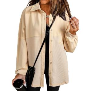 imageSHEWIN Womens Waffle Knit Shacket Fall Fashion Button Down Shirt Jacket Loose Fit Long Sleeve TopsPale Khaki
