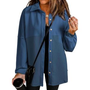 imageSHEWIN Womens Waffle Knit Shacket Fall Fashion Button Down Shirt Jacket Loose Fit Long Sleeve TopsSail Blue