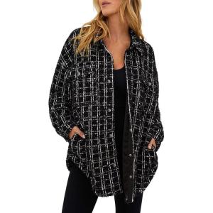 imageSHEWIN Women 2024 Long Sleeve Button Down Shackets Fashion Plaid Pocket Shirts JacketBlack