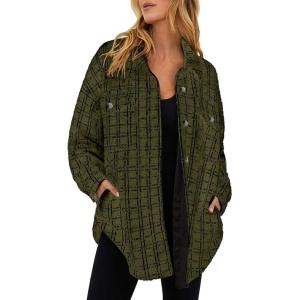 imageSHEWIN Women 2024 Long Sleeve Button Down Shackets Fashion Plaid Pocket Shirts JacketJungle Green