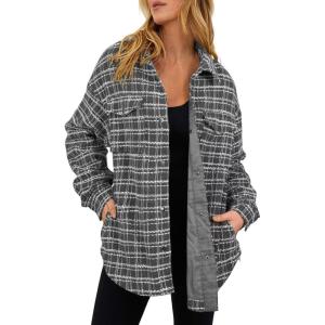 imageSHEWIN Women 2024 Long Sleeve Button Down Shackets Fashion Plaid Pocket Shirts JacketMedium Grey
