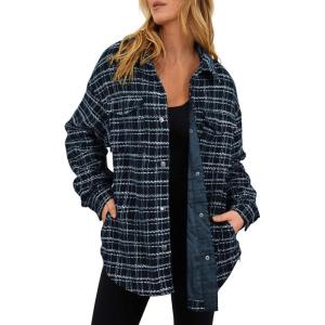 imageSHEWIN Women 2024 Long Sleeve Button Down Shackets Fashion Plaid Pocket Shirts JacketNavy Blue