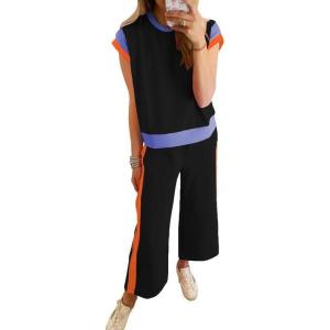 imageSHEWIN Womens 2 Piece Lounge Sets Casual Short Sleeve Pullover Tops Matching Wide Leg Pants Tracksuit SetB Black