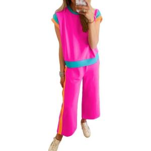 imageSHEWIN Womens 2 Piece Lounge Sets Casual Short Sleeve Pullover Tops Matching Wide Leg Pants Tracksuit SetB Hot Pink