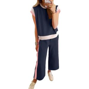 imageSHEWIN Womens 2 Piece Lounge Sets Casual Short Sleeve Pullover Tops Matching Wide Leg Pants Tracksuit SetB Navy Blue