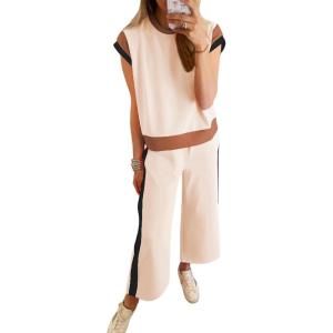 imageSHEWIN Womens 2 Piece Lounge Sets Casual Short Sleeve Pullover Tops Matching Wide Leg Pants Tracksuit SetD Beige