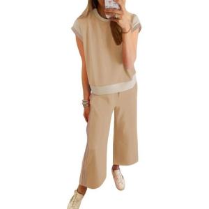 imageSHEWIN Womens 2 Piece Lounge Sets Casual Short Sleeve Pullover Tops Matching Wide Leg Pants Tracksuit SetD Khaki