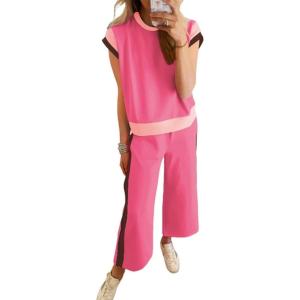 imageSHEWIN Womens 2 Piece Lounge Sets Casual Short Sleeve Pullover Tops Matching Wide Leg Pants Tracksuit SetD Pink