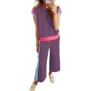 imageSHEWIN Womens 2 Piece Lounge Sets Casual Short Sleeve Pullover Tops Matching Wide Leg Pants Tracksuit SetD Purple