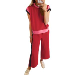 imageSHEWIN Womens 2 Piece Lounge Sets Casual Short Sleeve Pullover Tops Matching Wide Leg Pants Tracksuit SetD Red