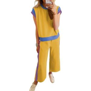 imageSHEWIN Womens 2 Piece Lounge Sets Casual Short Sleeve Pullover Tops Matching Wide Leg Pants Tracksuit SetD Yellow
