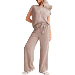 imageSHEWIN Womens 2 Piece Outfits Lounge Sets Casual Cap Sleeve Pullover Tops Matching Drawstring Wide Leg Pants Tracksuit SetGoat Brown