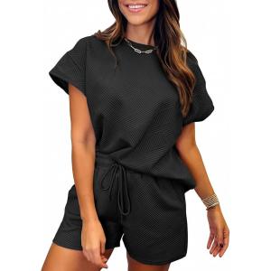 imageSHEWIN Womens 2 Piece Outfits Lounge Sets Casual Short Sleeve Shirts Shorts Cozy Pajamas Sweatsuit SetB Black