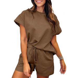 imageSHEWIN Womens 2 Piece Outfits Lounge Sets Casual Short Sleeve Shirts Shorts Cozy Pajamas Sweatsuit SetB Dark Brown