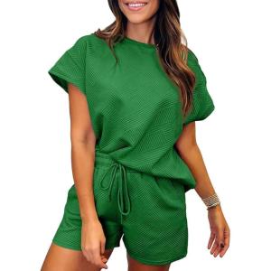 imageSHEWIN Womens 2 Piece Outfits Lounge Sets Casual Short Sleeve Shirts Shorts Cozy Pajamas Sweatsuit SetB Dark Green