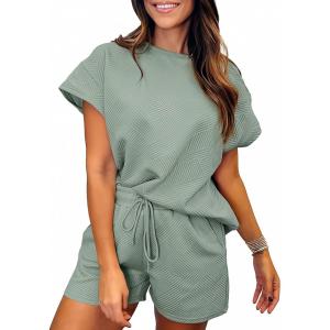 imageSHEWIN Womens 2 Piece Outfits Lounge Sets Casual Short Sleeve Shirts Shorts Cozy Pajamas Sweatsuit SetB Grass Green
